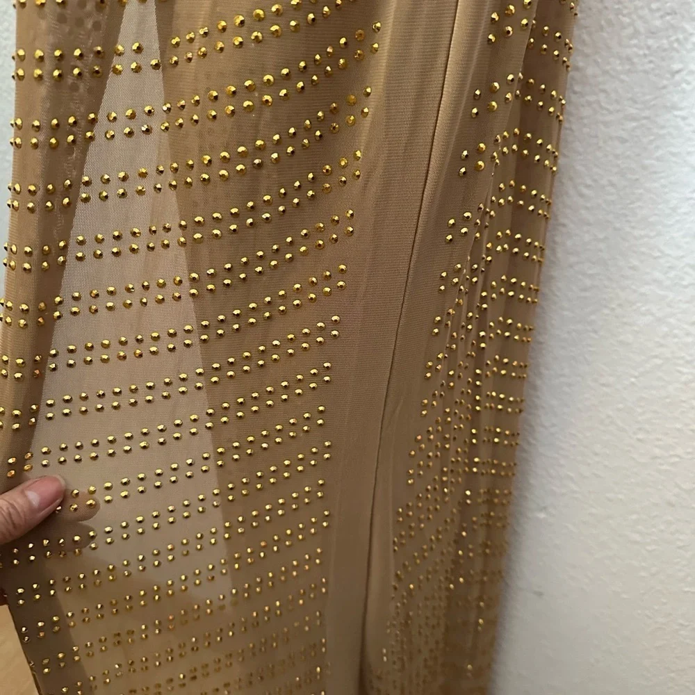 Golden Sheer Gown With Rhinestones Maxi Sleeveless Special Occasions BNWOT